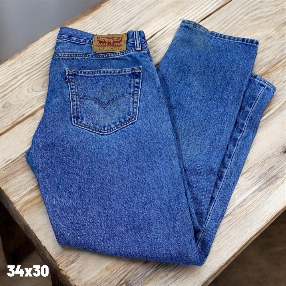 Levi's 505 Regular Fit Jeans Mens 34x30 Blue Denim Straight Leg Pants Distressed